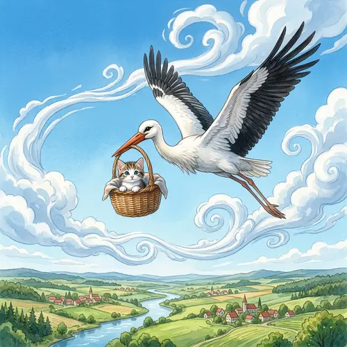 Majestic Stork Carrying Curious Kitten in Basket