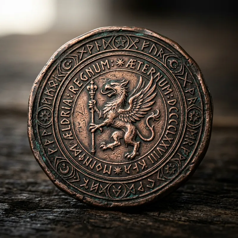 Intricately Designed Fantasy Copper Coin | Vintage Kingdom Symbols