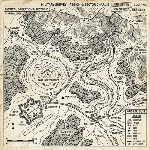Vintage Military Map Art | Terrain Features in Black & White