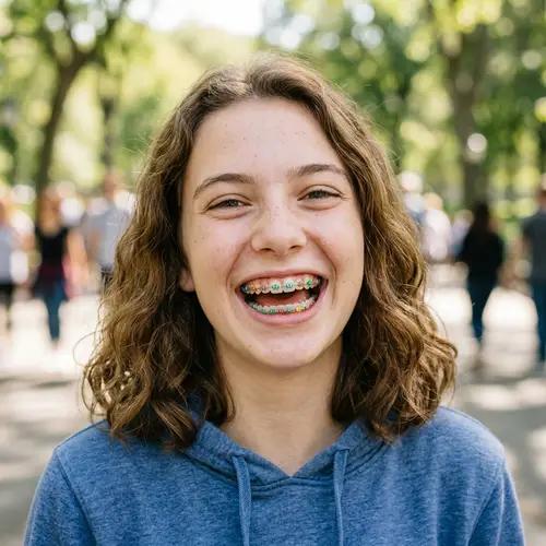 Colorful Braces: Joyful Individual with Bright Orthodontic Brackets