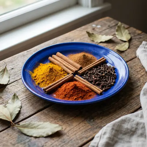 Colorful Spices on a Blue Plate: Aromatic Display