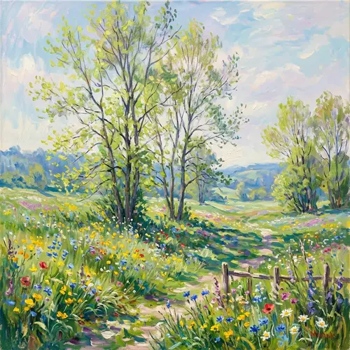 Impressionist Trees in Spring: A Lush Meadow Scene