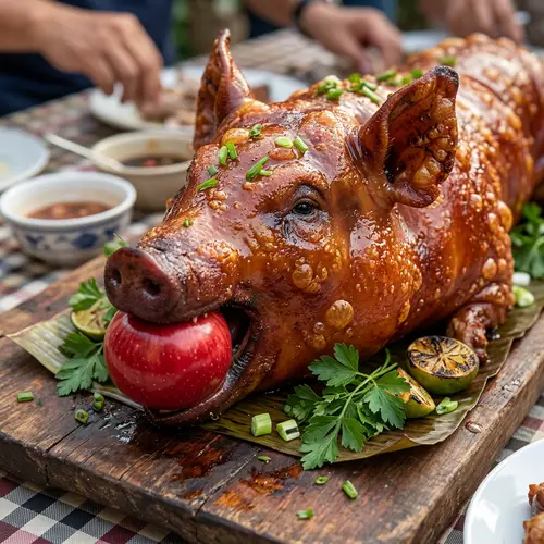 Delicious Golden-Brown Crispy Lechon Head with Apple | Traditional Festive Dish