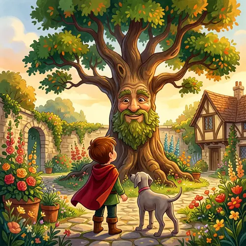Whimsical Artwork Featuring Boy, Puppy, and Oak Tree