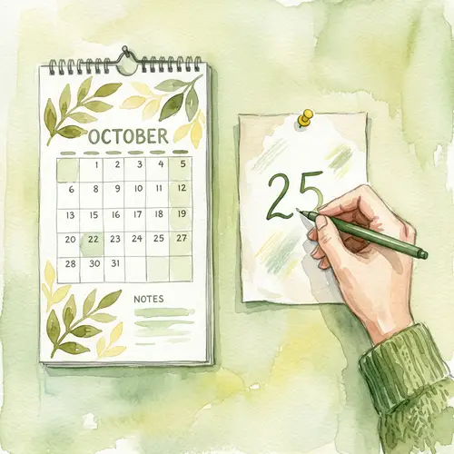 Watercolor Calendar Art: Handwriting Number 25 in Green and Yellow