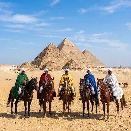 Colorful Horsemen in Front of Pyramids of Egypt