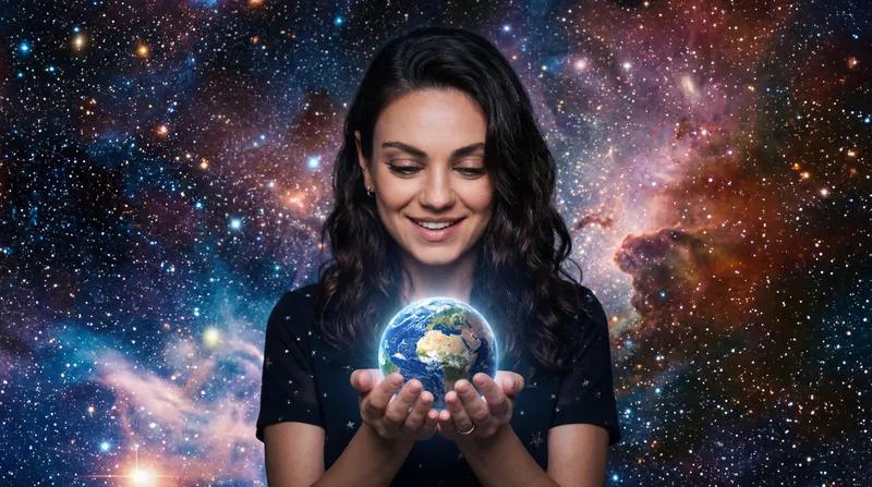 Mila Kunis: Earth in Hand with Galaxy Background