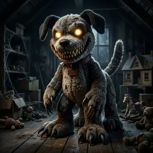 Creepy Stuffed Toy Dog with Menacing Claws and Sharp Teeth