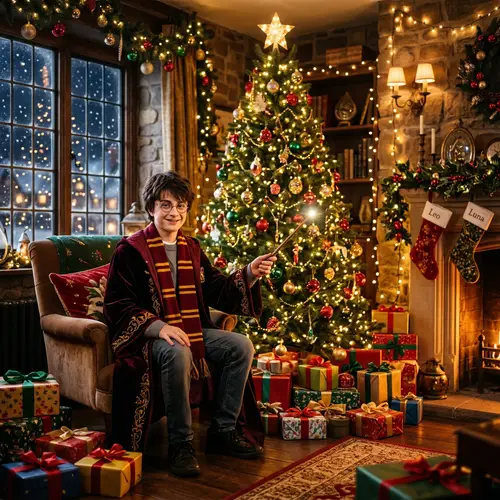 Festive Holiday Scene with Young Male Wizard and Christmas Decorations