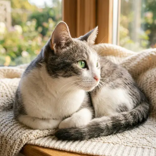 Beautiful Domestic Cat with Green Eyes Relaxing in Sunlight