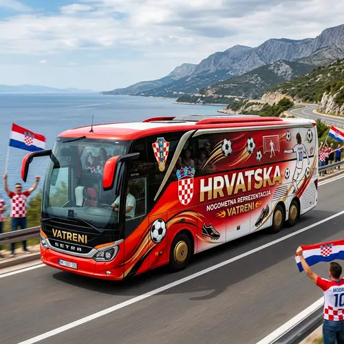 Vibrant Croatian Flag-inspired Bus Design for Soccer Team