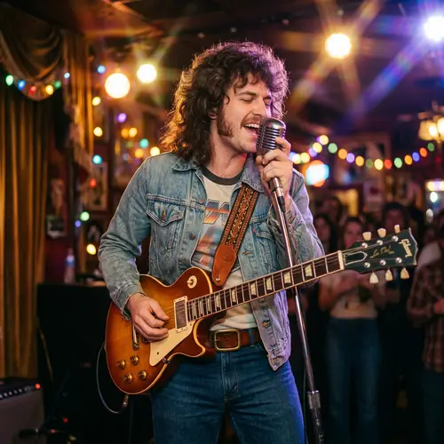70's Style Curly-Haired Singer with Guitar | Retro Music Scene