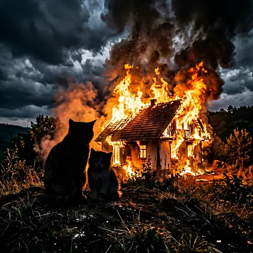 A Cat and Kitten Watch Sad Scene of House Fire