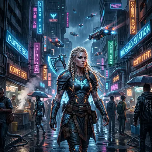 Viking Girl in a Cyberpunk Cityscape