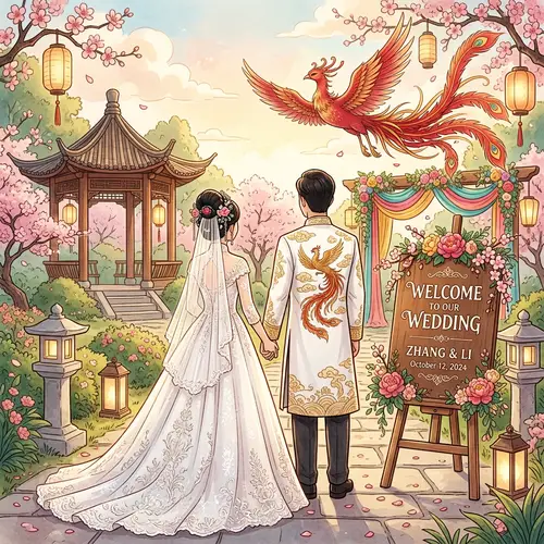 Asian Red Bird and White Groom Dress Animation