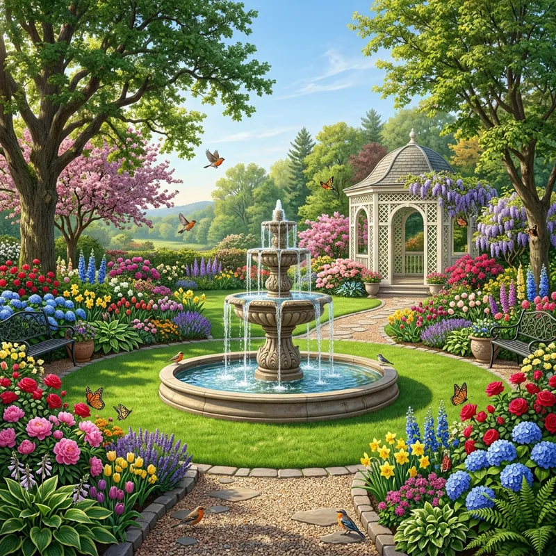 Beautiful Spring Garden with Fountain and Gazebo