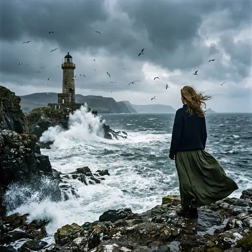 Dramatic Coastal Scene with Lighthouse and Woman