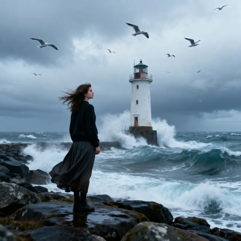 Dramatic Coastal Scene with Lighthouse and Woman