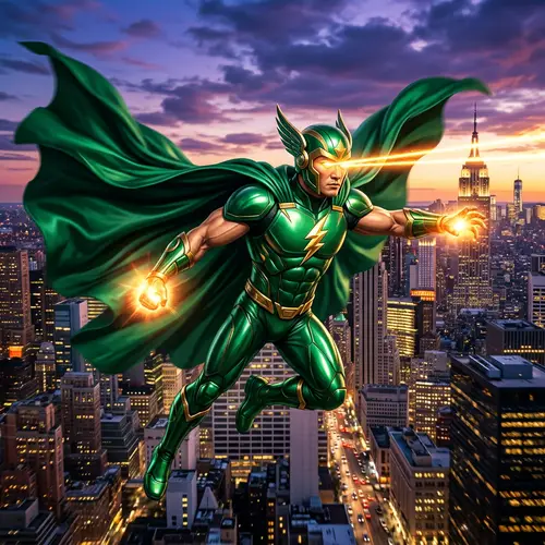Asian Superhero with Green Suit and Laser Eyes