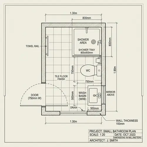 Professional 2D Bathroom Plan: 1.3m x 1.9m Dimensions