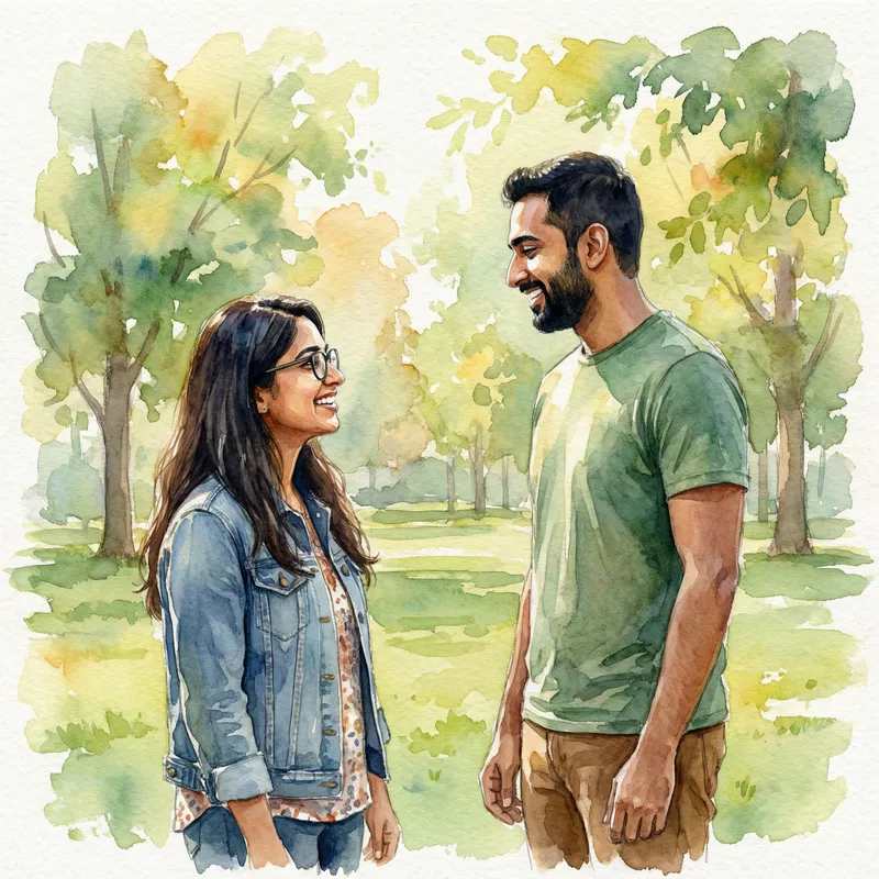 Watercolor Painting of Young South Asian Couple in Sunlit Park
