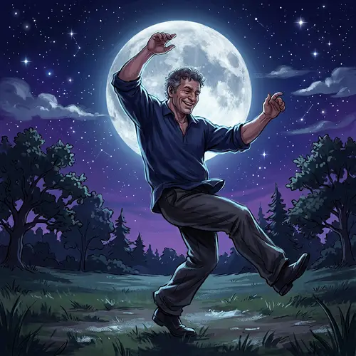 Energetic Middle-Aged Man Dancing Under Silvery Full Moon