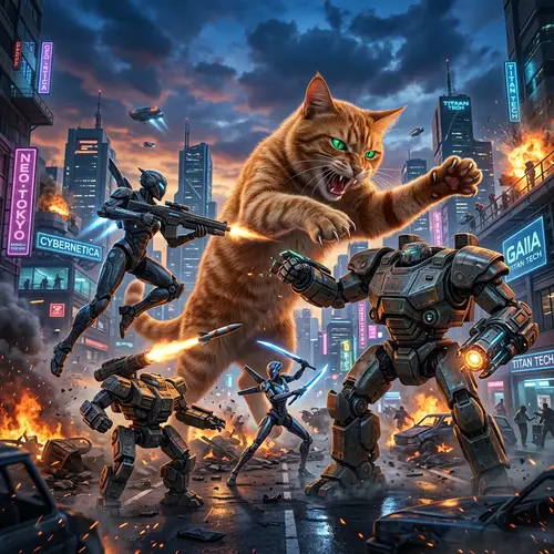 Robots vs Giant Cat: Epic Battle in Futuristic City