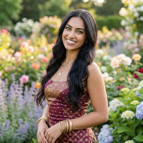 Stunning Girl with Dark Ebony Hair and Precious Gem-like Eyes in Burgundy Dress