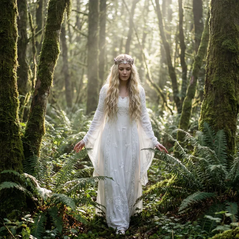 Enchanted Forest: Elegantly Dressed Woman in White Enchanted Forest: Elegantly Dressed Woman in White