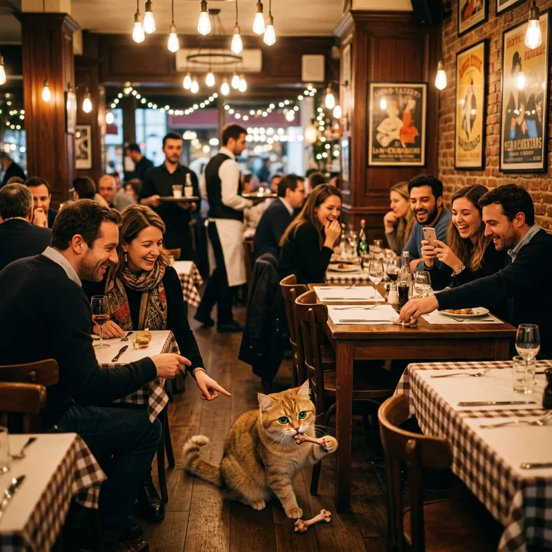 Captivating Cat with Beautiful Eyes Playfully Nibbling on Bone in Busy Restaurant Captivating Cat with Beautiful Eyes Playfully Nibbling on Bone in Busy Restaurant