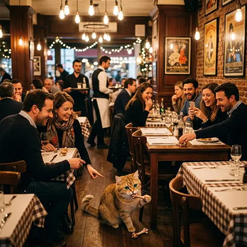 Playful Cat with Beautiful Eyes Nibbling on Bone in Busy Restaurant