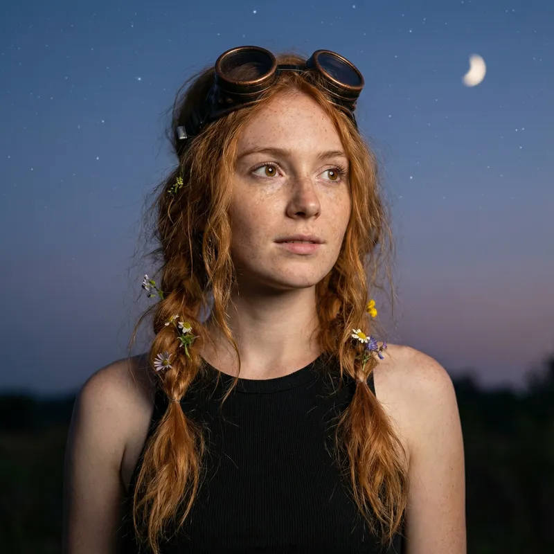 Caucasian Girl with Ginger Braids and Steampunk Goggles