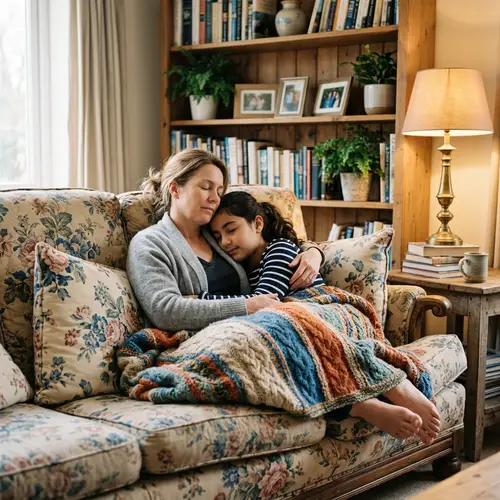Peaceful Nap: Mother & Daughter Embraced in Cozy Setting