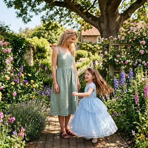 Serene Woman and Joyful Girl | Sunlit Garden Scene
