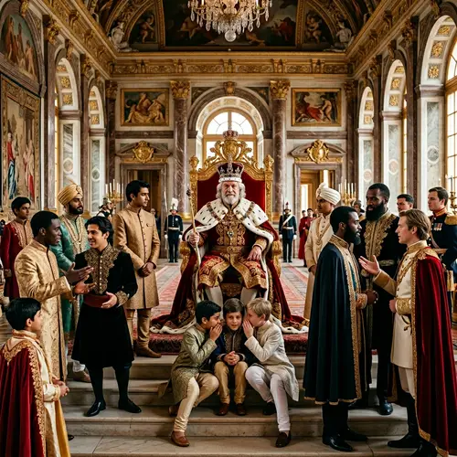 Opulent Palace Scene: Elderly King & 20 Princely Sons