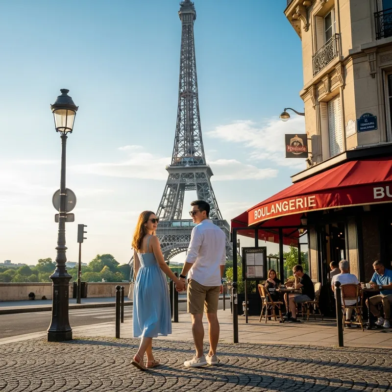 Couple Strolling by the Eiffel Tower in Paris Couple Strolling by the Eiffel Tower in Paris