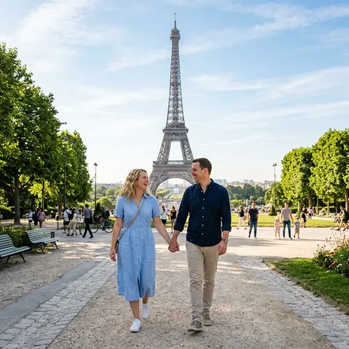 Couple Strolling by the Eiffel Tower in Paris
