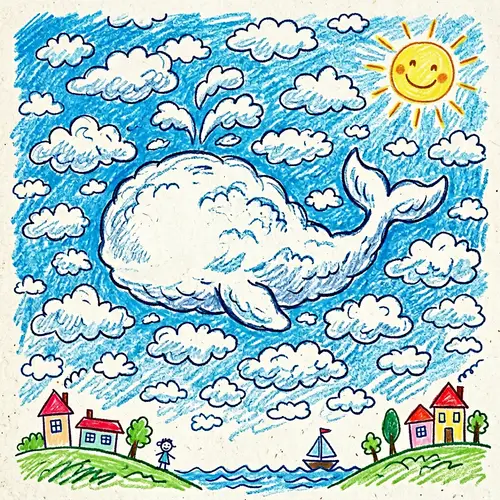 Whale-Shaped Cloud in Childish Drawing Style