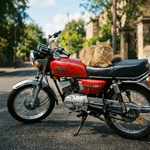 Tawny Fur Cat on Yamaha RX 135 Motorcycle | Serene Scene