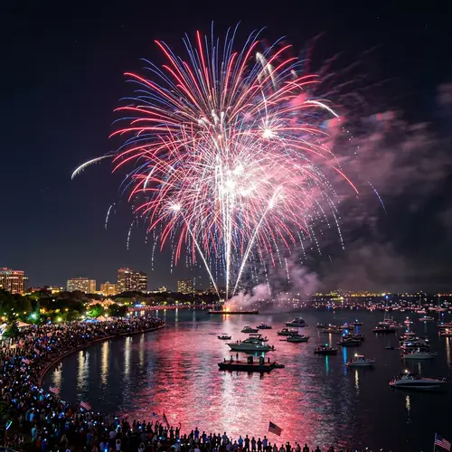 Patriotic Fireworks Over the Lake