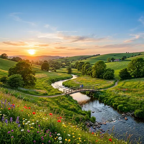 Tranquil Landscape: Rolling Green Hill and Bubbling River