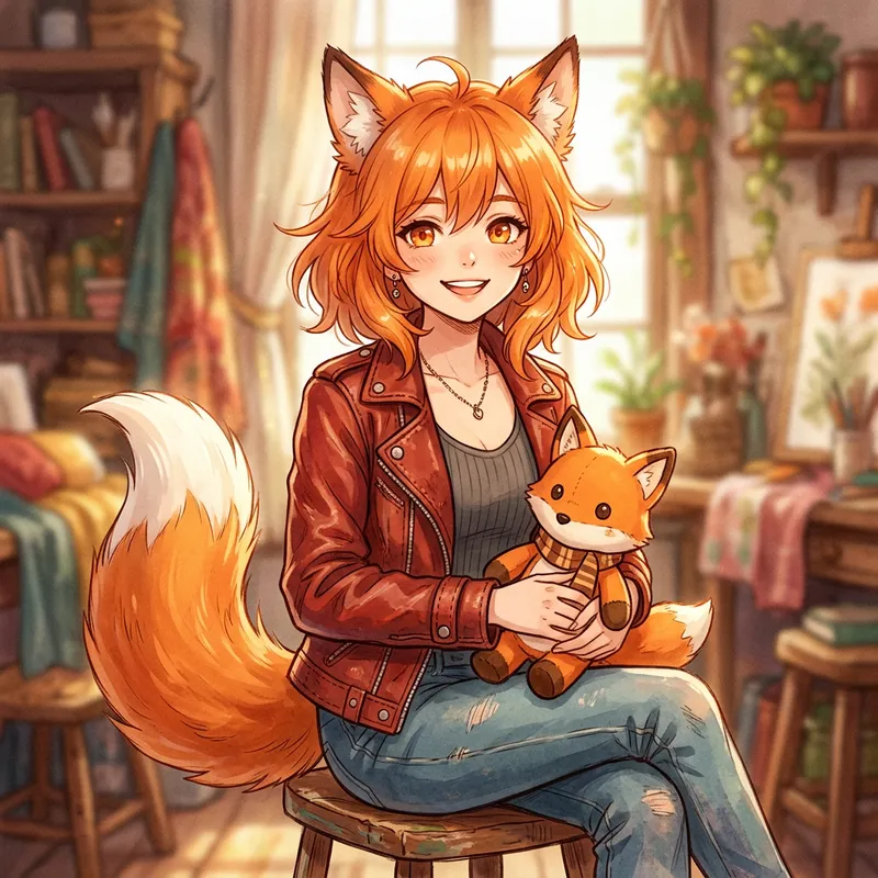 Vibrant Anime Girl with Orange Hair and Fox Ears Holding Plushie