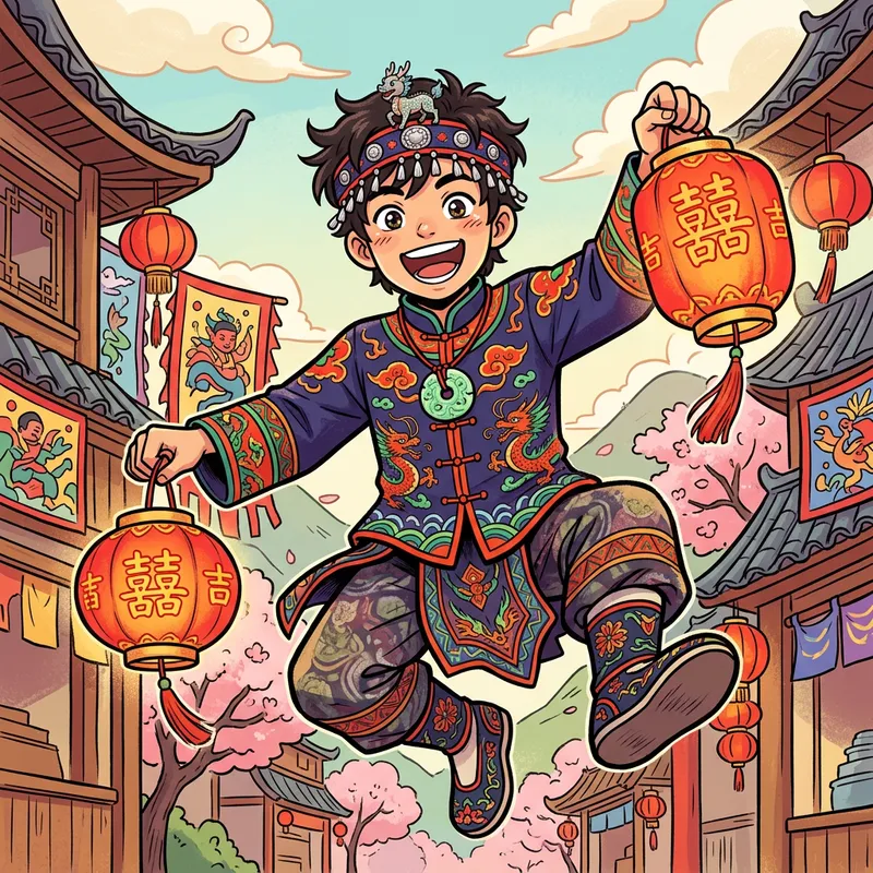 Colorful Chinese Q-board Boy in Comic Style Inspired by Folklore