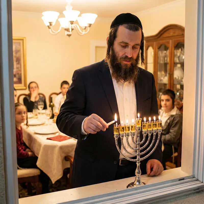 Frum Man Lighting the Menorah