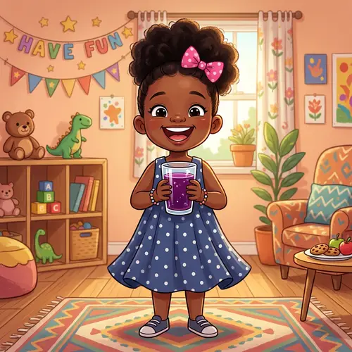 Charming Cartoon Girl Enjoying Grape Juice