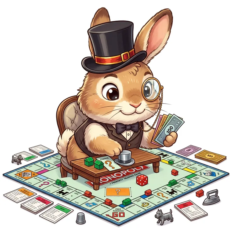 Cute Bunny Rabbit Playing Monopoly in Top Hat and Monocle Cute Bunny Rabbit Playing Monopoly in Top Hat and Monocle