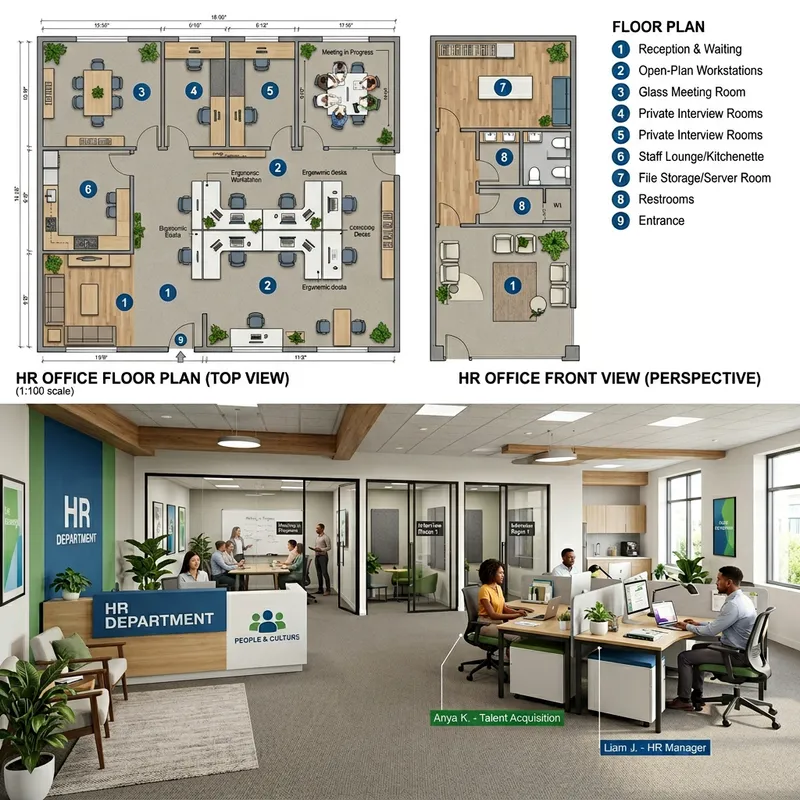 Modern HR Office Layout Design - Floor & Front Views
