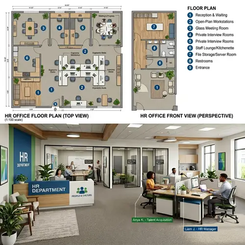 Modern HR Office Layout Design - Floor & Front Views