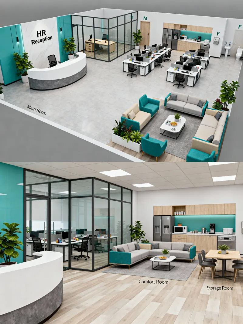 Modern HR Office Layout Design - Floor & Front Views