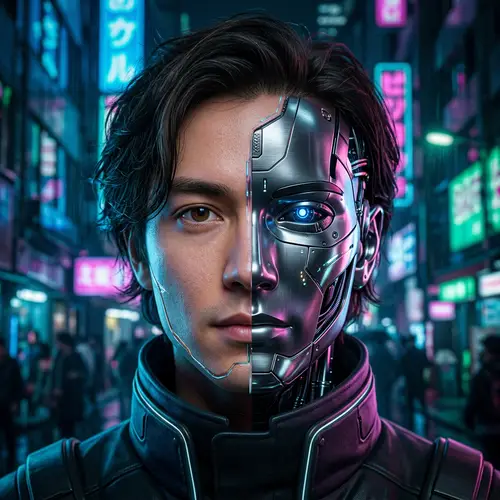 Futuristic Cyberpunk Art: Human-Model Robot Face
